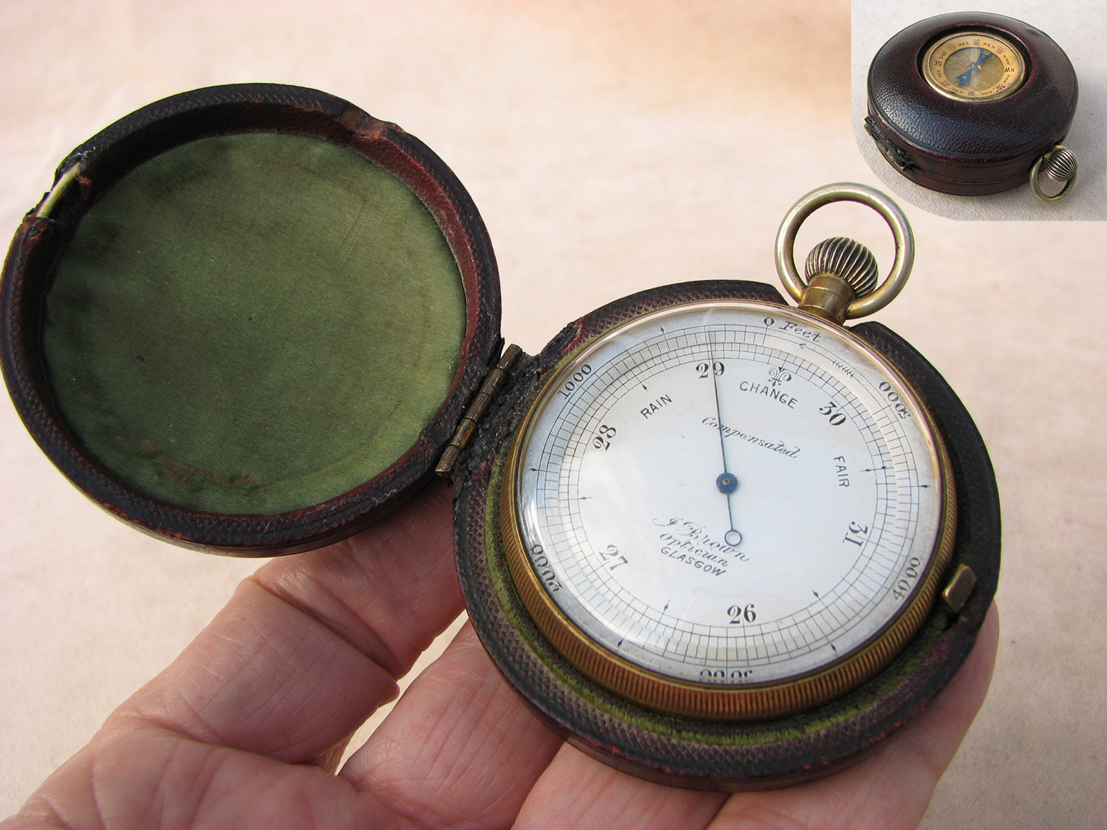 James Brown Victorian pocket barometer and compass compendium in case